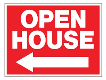 Red and white sign indicating an open house with a left arrow.