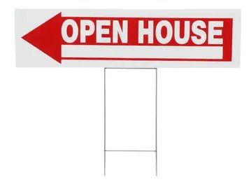 Red and white open house sign with left arrow.