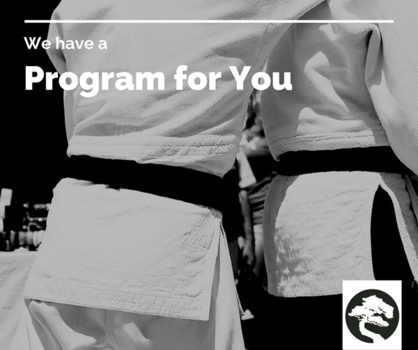 Two martial artists in gis with black belts, promoting a program.