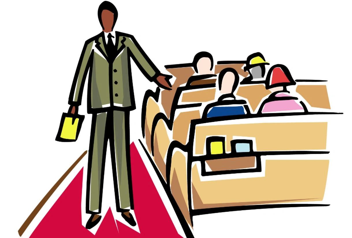 Clip art of an usher seating people in pews.