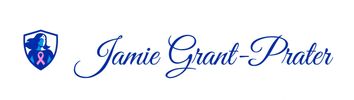 Logo of Jamie Grant-Prater with a superhero figure and pink ribbon.