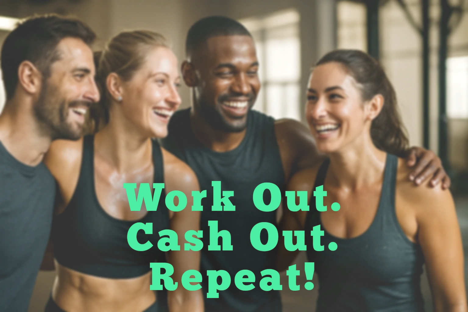 Four fit friends smiling and laughing together after a workout.