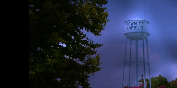 Enfield Water Tower in  the blue night sky