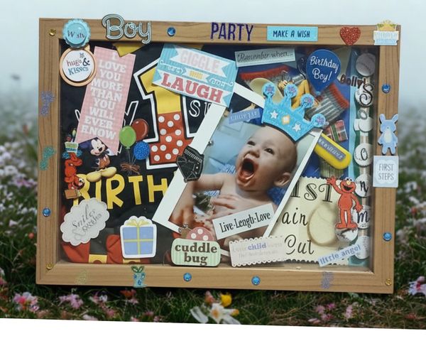 Decorated photo frame shadow ox keepsake celebrating a baby boy's first birthday with colorful stickers and notes.