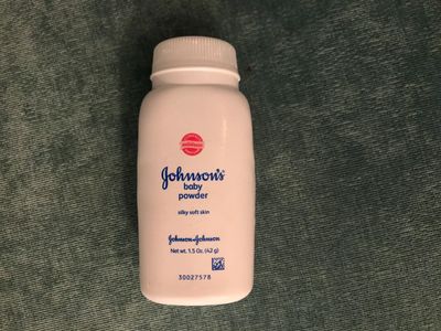 Johnson & Johnson brand baby powder, small white, plastic container