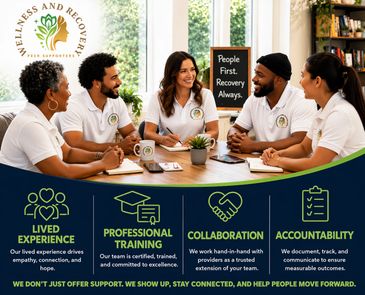 Group of peer supporters promoting wellness and recovery with key values highlighted.