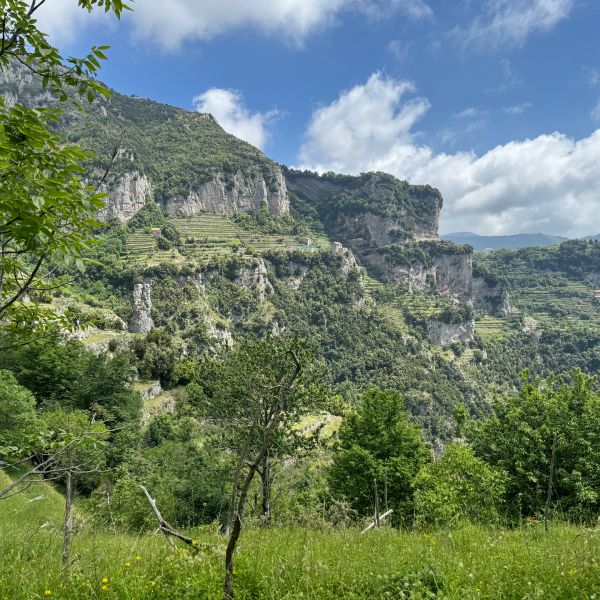 Lush green mountains under a blue sky with clouds.