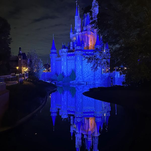 Nighttime castle illuminated in blue with reflection in water.