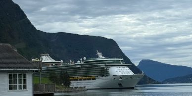 Large cruise ship docked near houses and mountains.