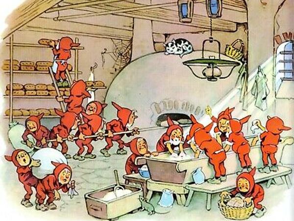 Small elves baking bread in a cozy bakery with a cat watching.