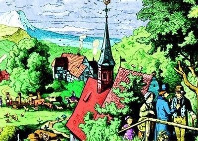 A colorful countryside village with people, houses, and greenery.