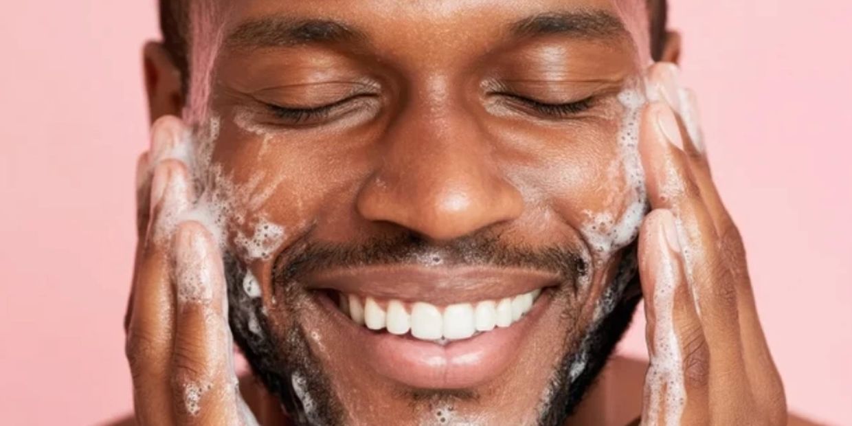 Man cleansing his face with foam cleanser, smiling with eyes closed.