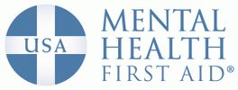 a blue and white logo with the words mental health first aid