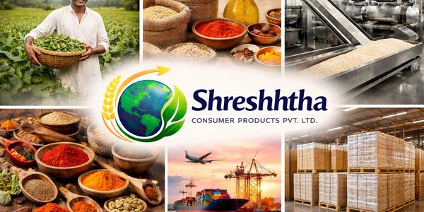 Collage showing agriculture, spices, production, shipping, and storage by Shreshththa Consumer Products.