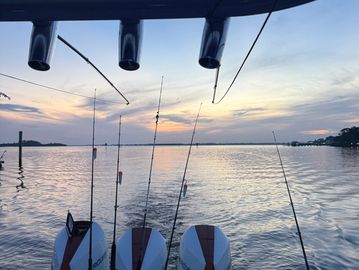 Fishing rods set against a sunset over calm water.