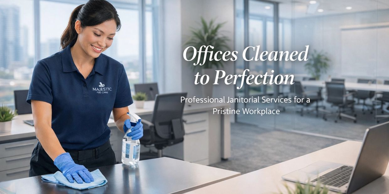 Smiling janitor cleaning office desk with spray and cloth.
