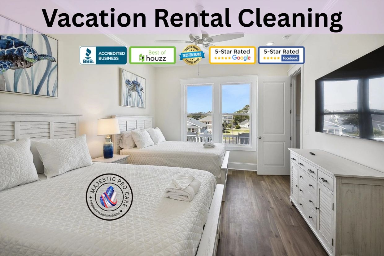 Bright, clean vacation rental bedroom with two beds and modern decor. Short-term rental cleaning | Turnover Cleaning | Vacation Rental Cleaning Services