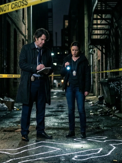 Two detectives investigate a crime scene with chalk outline and police tape at night.