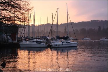 sunset, boats, lake district, water