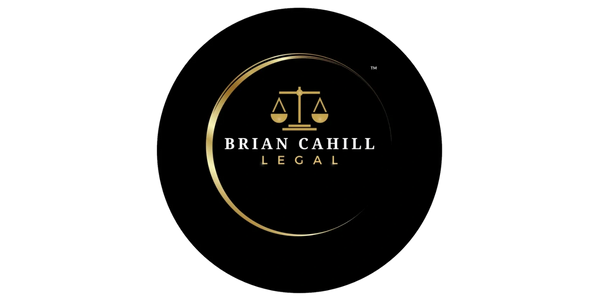 Black round Brian Cahill Legal logo with gold and white letters