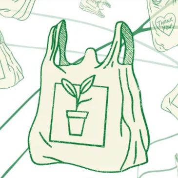 A graphic of plastic bags, each with earth-friendly symbols, such as a houseplant and a green heart.