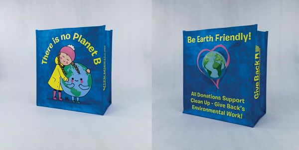 A front and back photo of Clean Up - Give Back's Blue/Ocean Themed Reusable Tote Bag