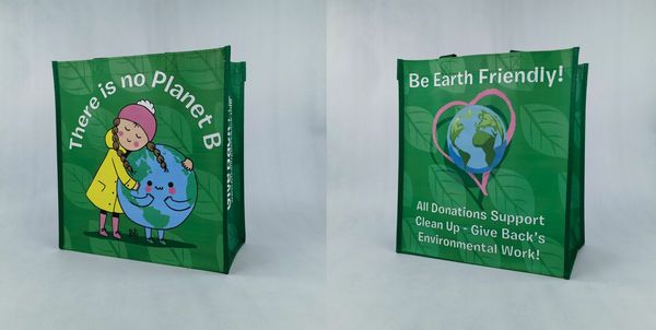 A front and back photo of Clean Up - Give Back's Green/Earth Themed Reusable Tote Bag