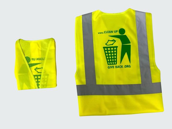 A High Visibility safety vest, branded with Clean Up - Give Back's Logo