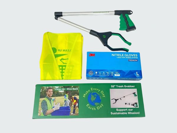 A full cleanup kit, including a trash grabber, Clean Up - Give Back Safety Vest, and Nitrile Gloves.