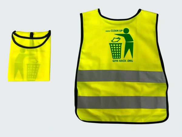 A child-sized high visibility safety vest branded with Clean Up - Give Back's logo