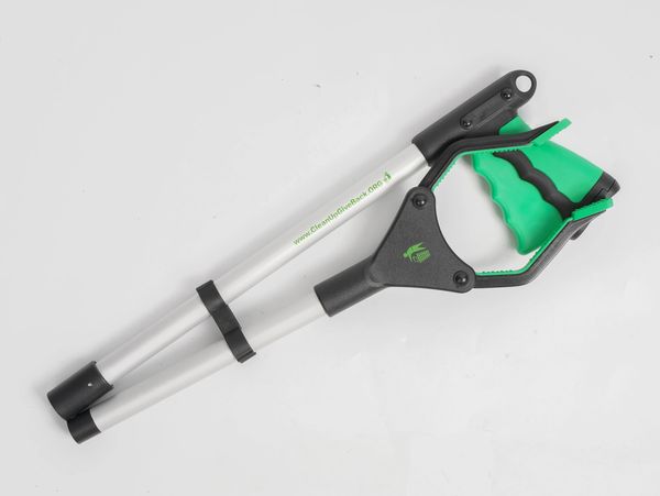 a nice, clean photo Clean Up - Give Back's branded trash grabber, green with their logo