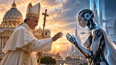 Image of papal figure touching cybernetic figure, provided by ChatGPT