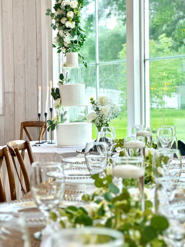 tall wedding cake, floating tiers, wedding cake, eucalyptus and roses