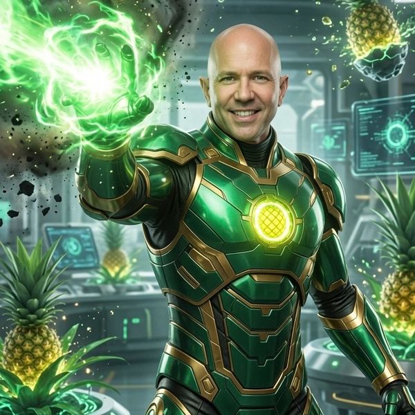 Man in futuristic green armor with pineapple power and tech background.