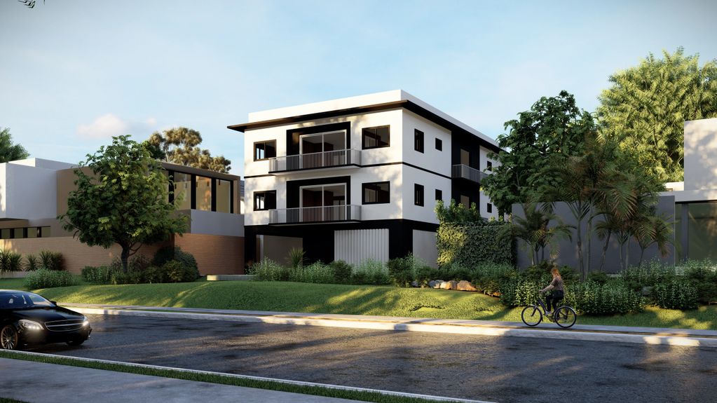3D Render of a 3-story building painted white and black with landscaping and other surroundings.