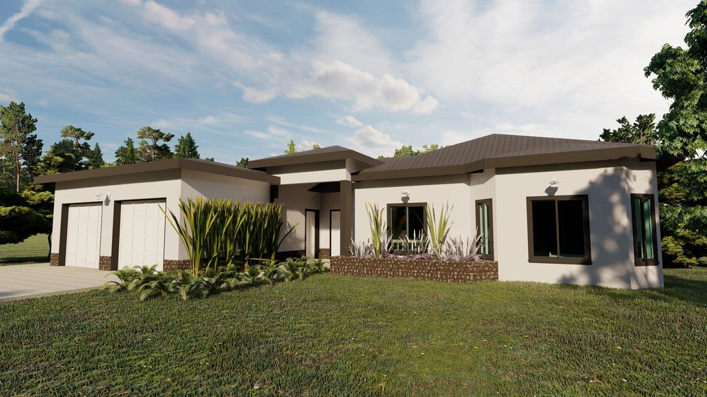 3D render of a one-story home with landscaping.