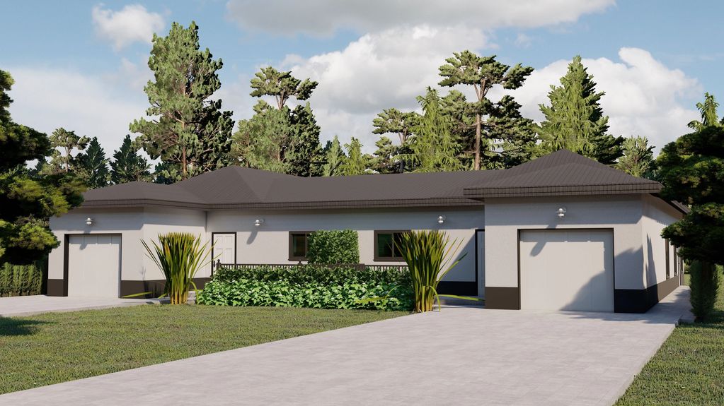 3D render of a one-story duplex with landscaping and surroundings. 