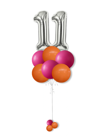 Helium number bouquet with up to two foil number balloons and latex balloons in custom colors.