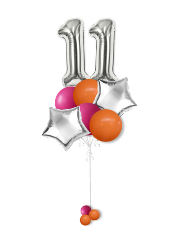 Deluxe helium number bouquet with foil numbers, foil balloons and latex balloons in custom colors.