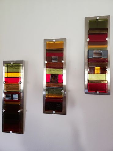 Glass Fusion Wall art mounted on stainless steel plates - 36" x 6" each piece
