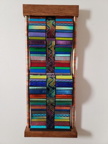 Dichroic Glass Fusion Wall art framed in Oak and Copper - 48" height