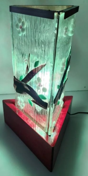 Glass Fusion Cherry Blossom lamp with Cherry Wood base = 24" height