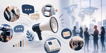Megaphone with social media icons representing communication and media outreach.