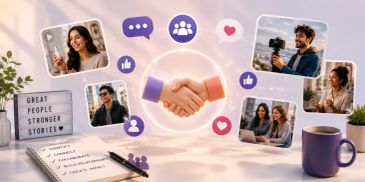 Virtual handshake surrounded by social media icons and diverse people connecting online.