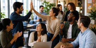 Colleagues celebrating a success with high-fives and smiles in an office.