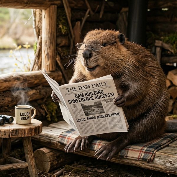 A beaver with glasses reading a newspaper in a cozy wooden cabin.