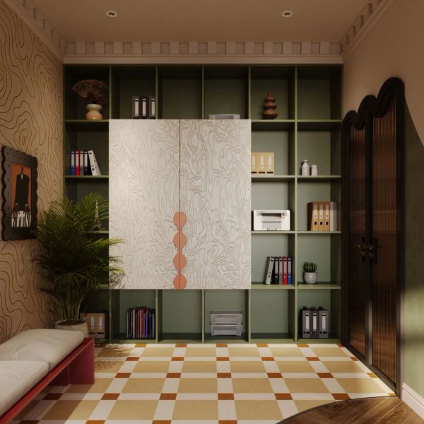 Organized office storage with green shelves and checkered floor.