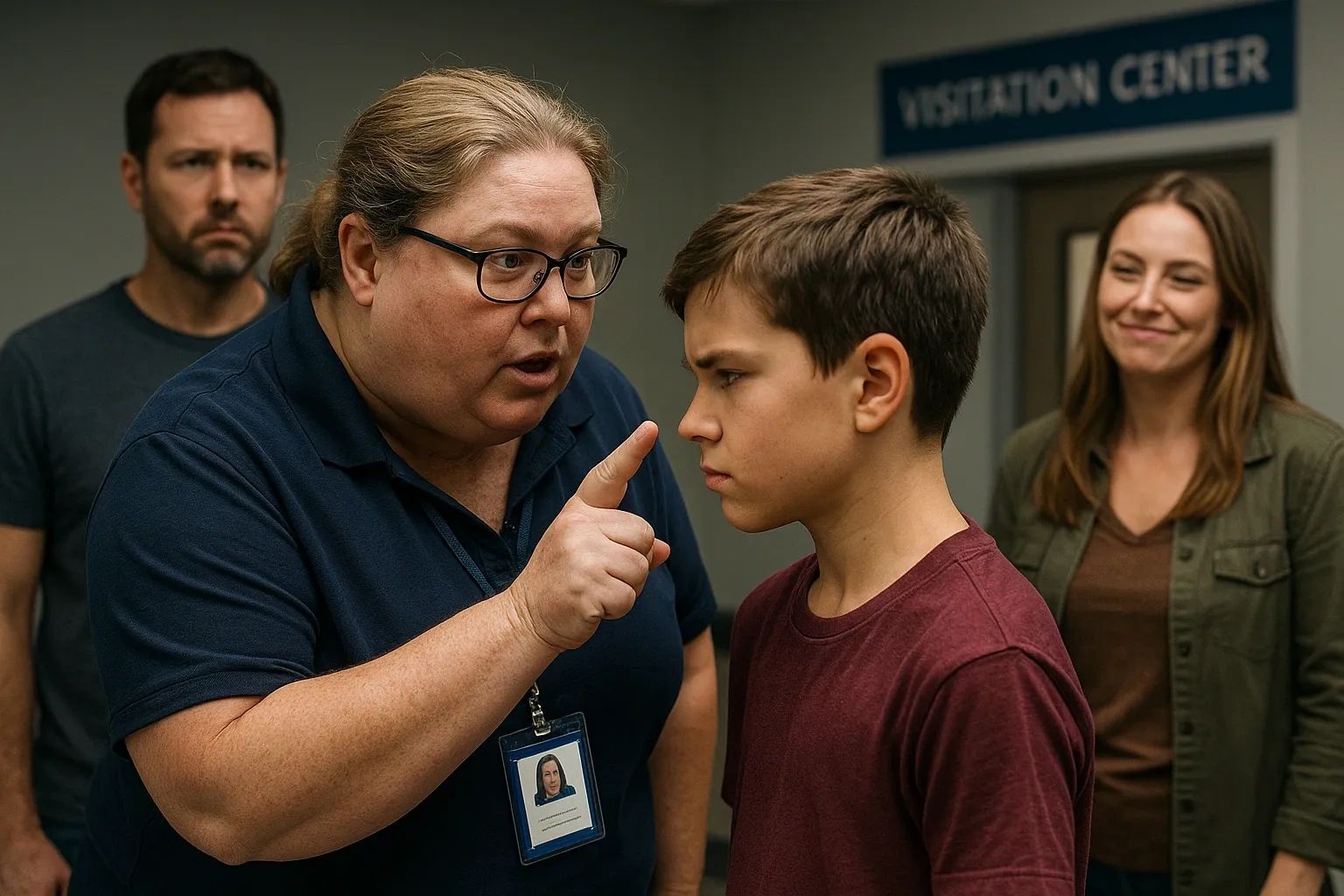 Exchange Center Employee correcting a child in front of his mother and father.