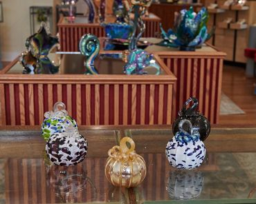 Glass artwork on display at Bedcat Studios at the Glass Menagerie in Corning, New York.