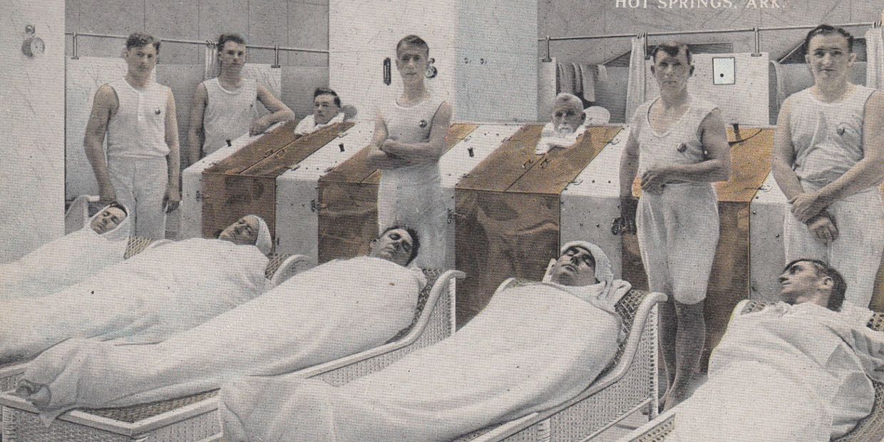 Vintage photograph of the men's bathing department at the Buckstaff Bathhouse